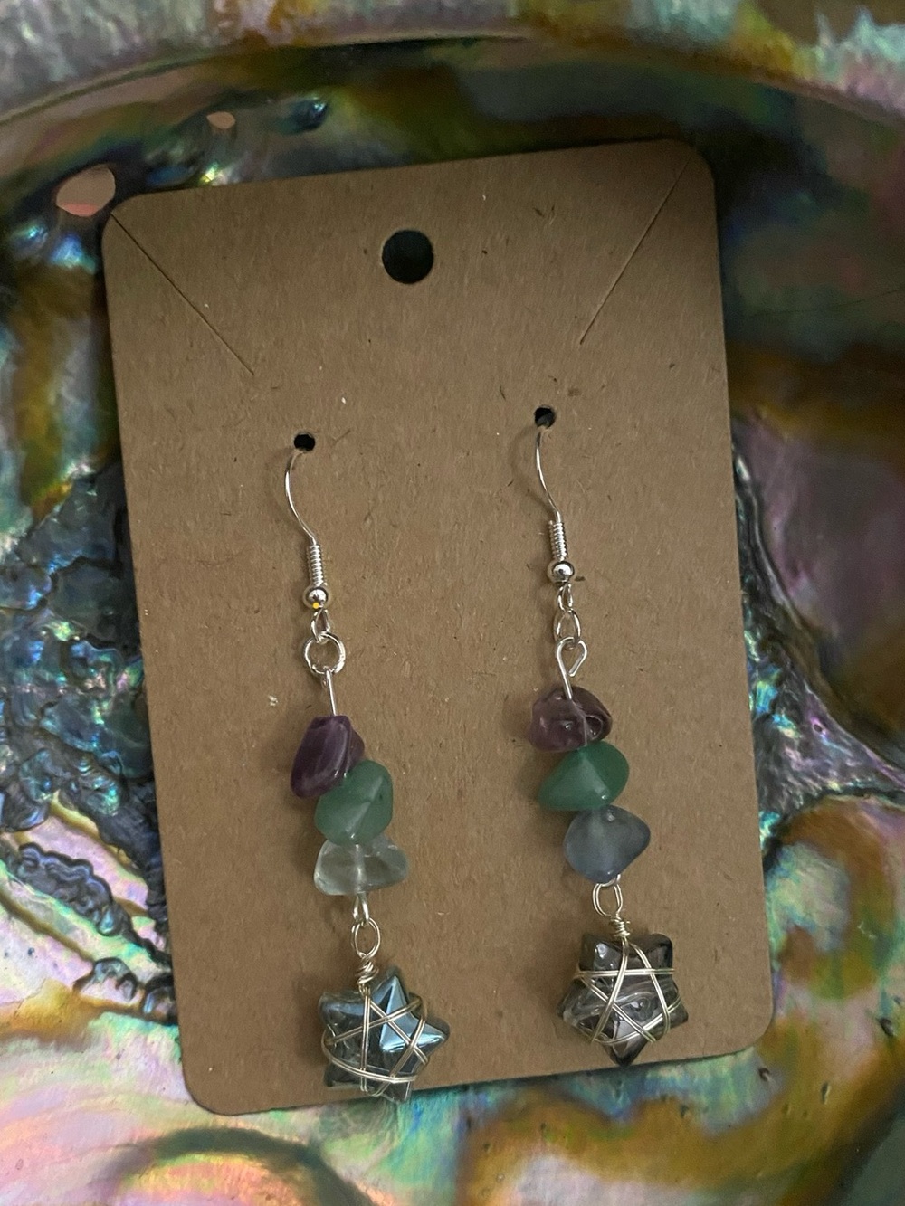 Handmade Green & Purple Dangle Earrings with Star Wire Wrap